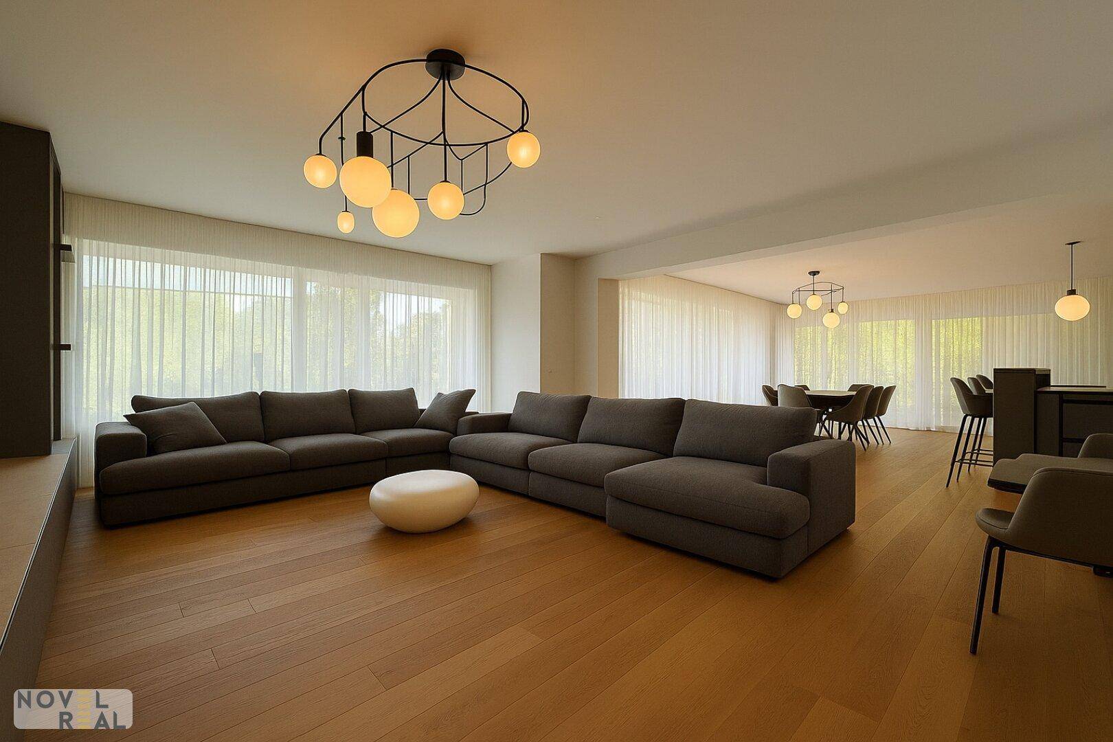 Offener Wohn- und Essbereich mit stilvollem Sofa, Esstisch und integrierter Küche.