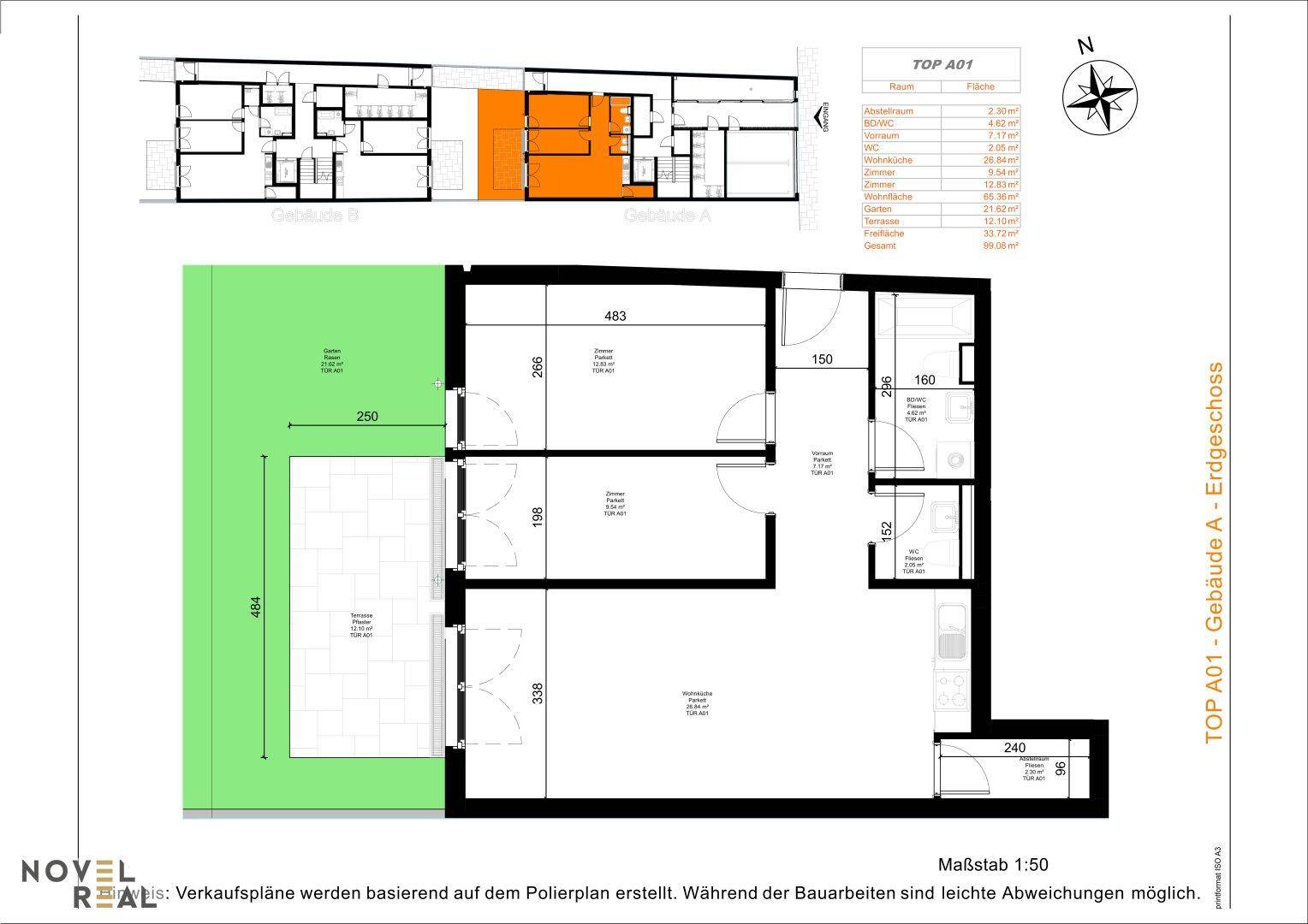 Grundriss des Erdgeschosses mit offenem Wohnbereich, mehreren Schlafzimmern, Terrasse und Garten.
