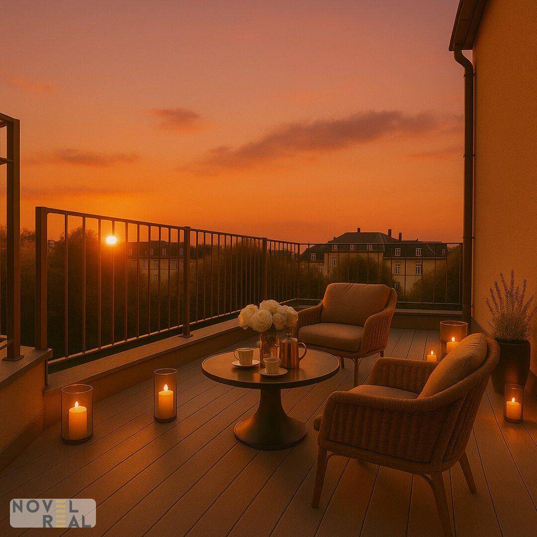 Gemütlicher Balkon mit Sitzgelegenheiten und stimmungsvoller Beleuchtung bei Sonnenuntergang.