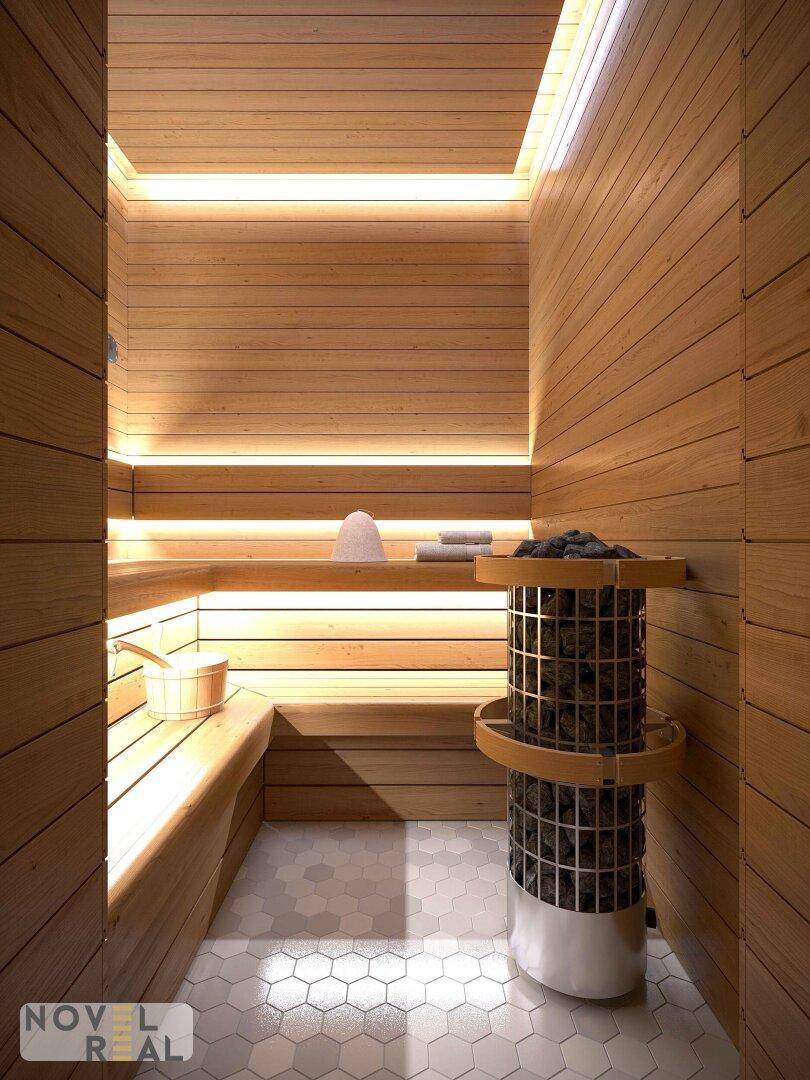Moderne Holzsauna mit indirekter Beleuchtung, bequemen Bänken und einem Saunaofen.