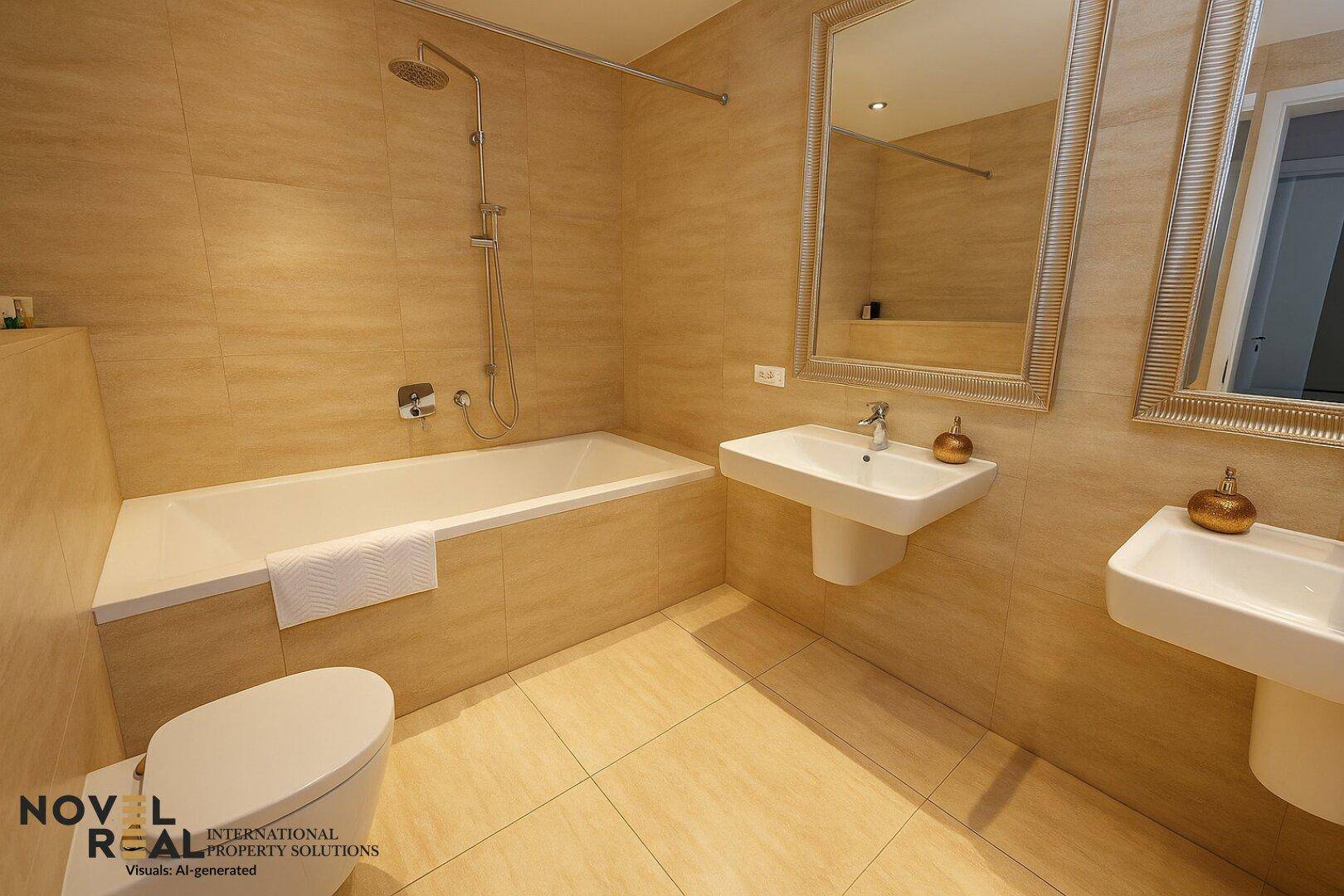 Modernes Badezimmer mit Badewanne, Dusche, Toilette und zwei Waschbecken.