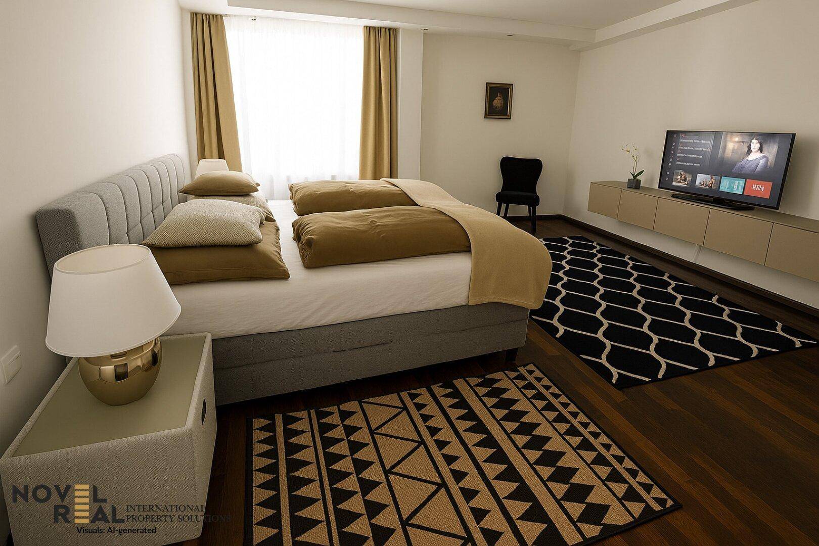 Komfortables Schlafzimmer mit Doppelbett, Holzboden und modernen Teppichen.