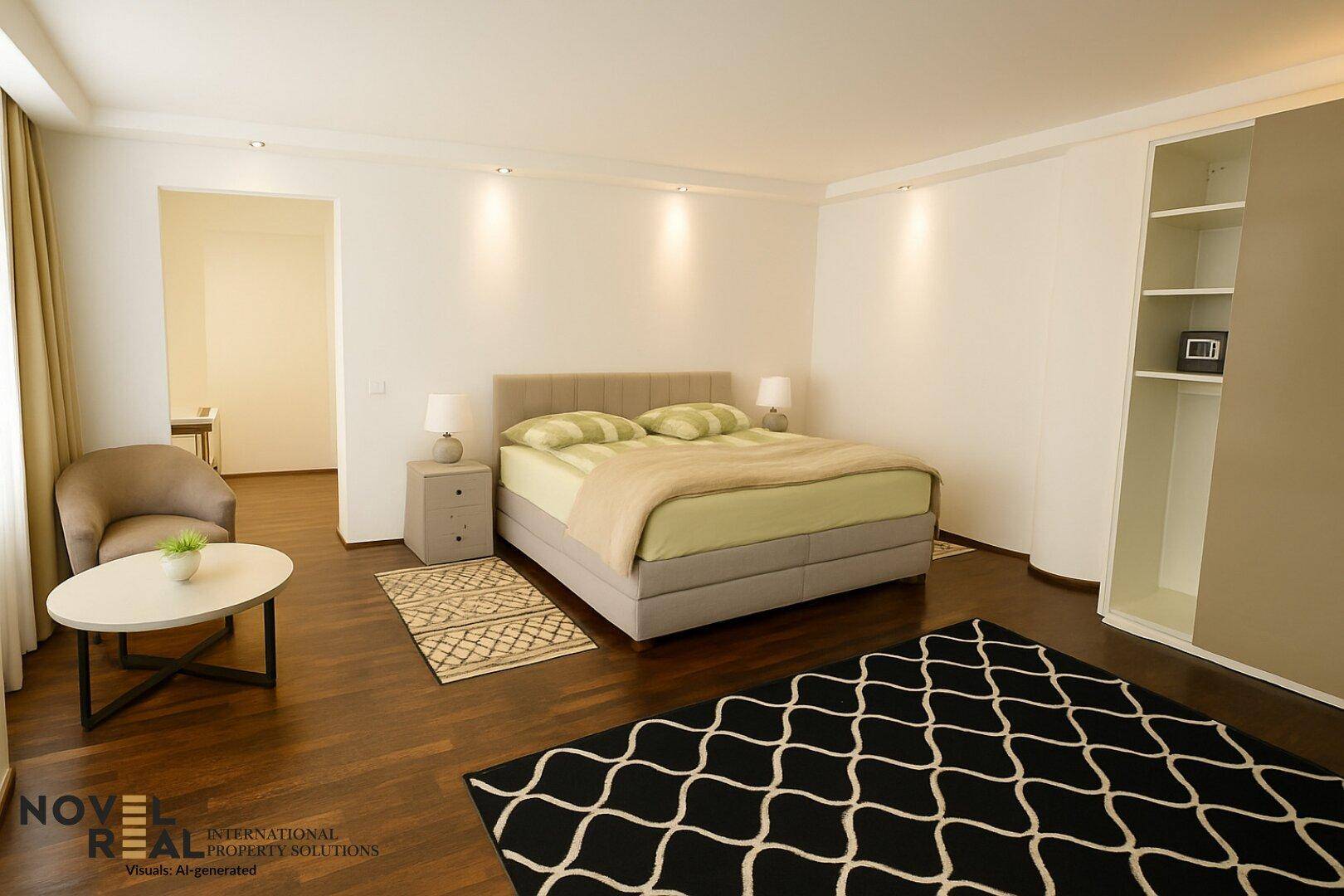 Helles Schlafzimmer mit großem Bett, Holzboden und integriertem Kleiderschrank.