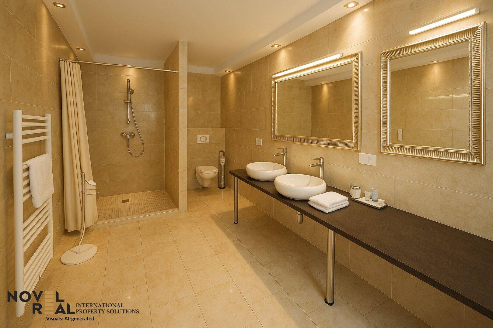 Modernes Badezimmer mit doppelten Waschbecken, großer Dusche und beigefarbenen Fliesen.
