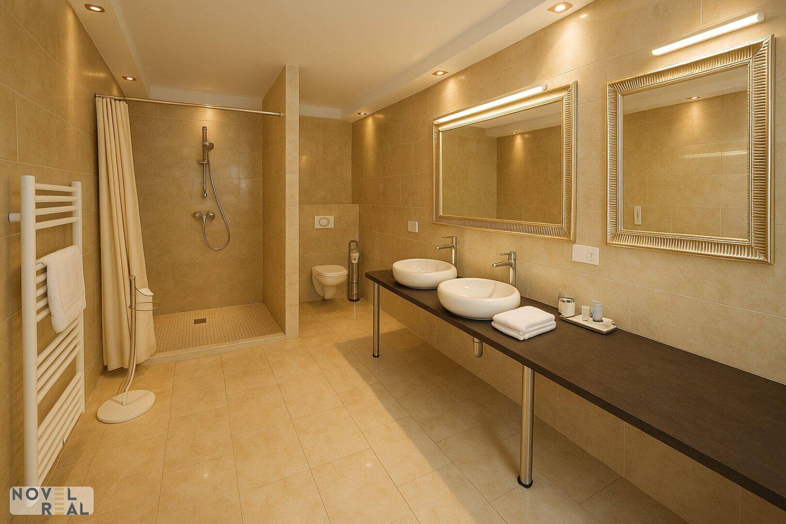 Modernes Badezimmer mit begehbarer Dusche, Doppelwaschbecken und beigefarbenen Fliesen.