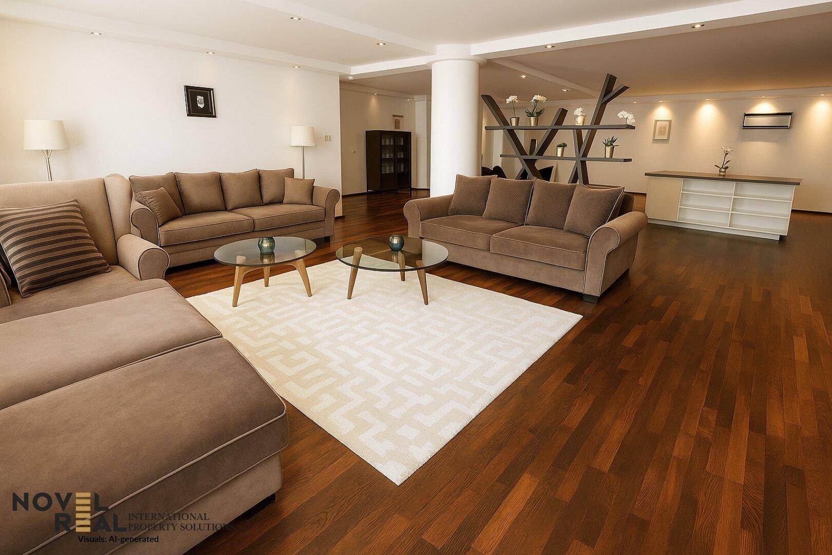 Gemütliches Wohnzimmer mit bequemen Sofas, Holzboden und dekorativen Elementen.