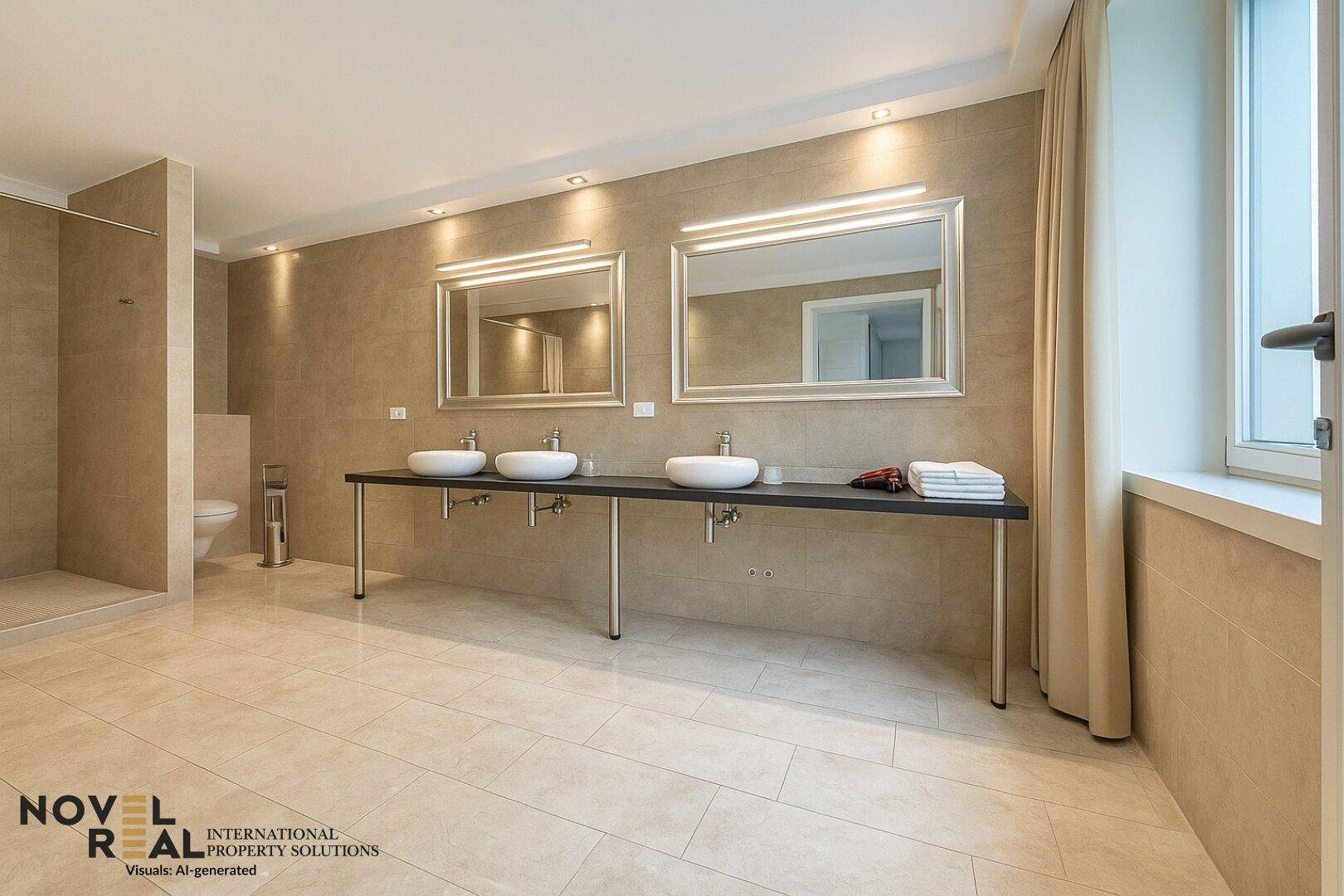 Modernes Badezimmer mit doppelten Waschbecken, großer Dusche und Fenster für natürliches Licht.