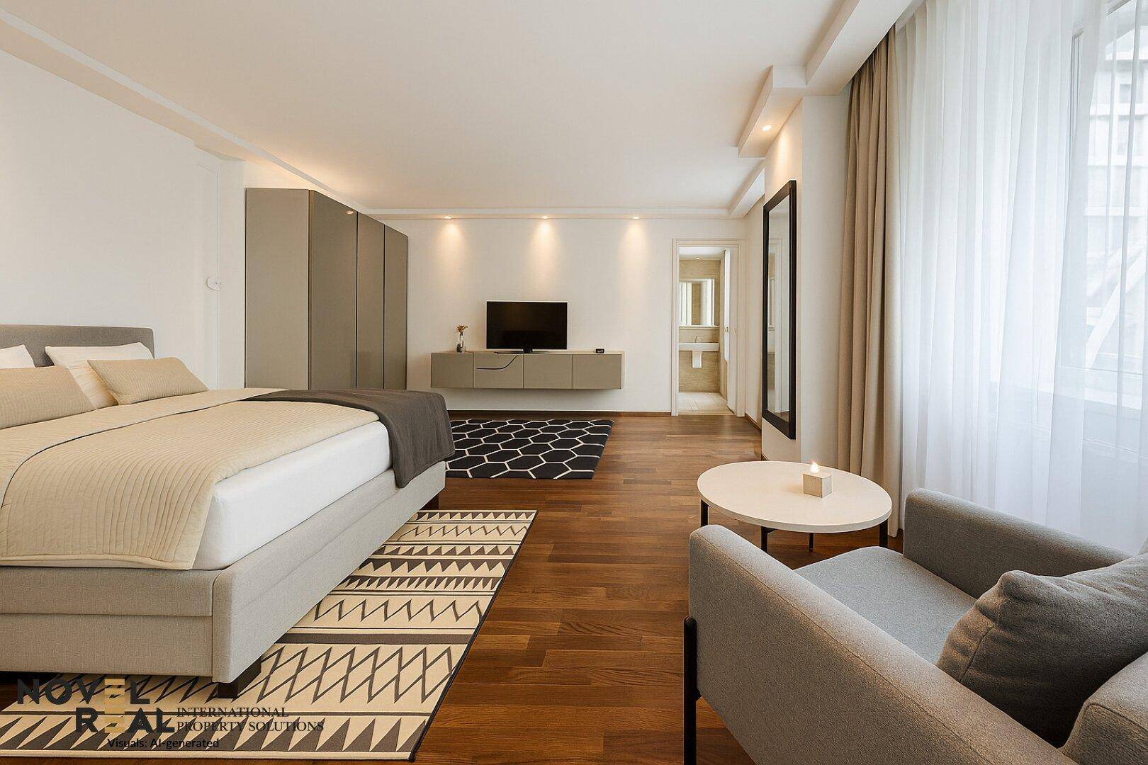 Geräumiges Schlafzimmer mit großem Bett, Holzboden und Zugang zu einem angrenzenden Badezimmer.
