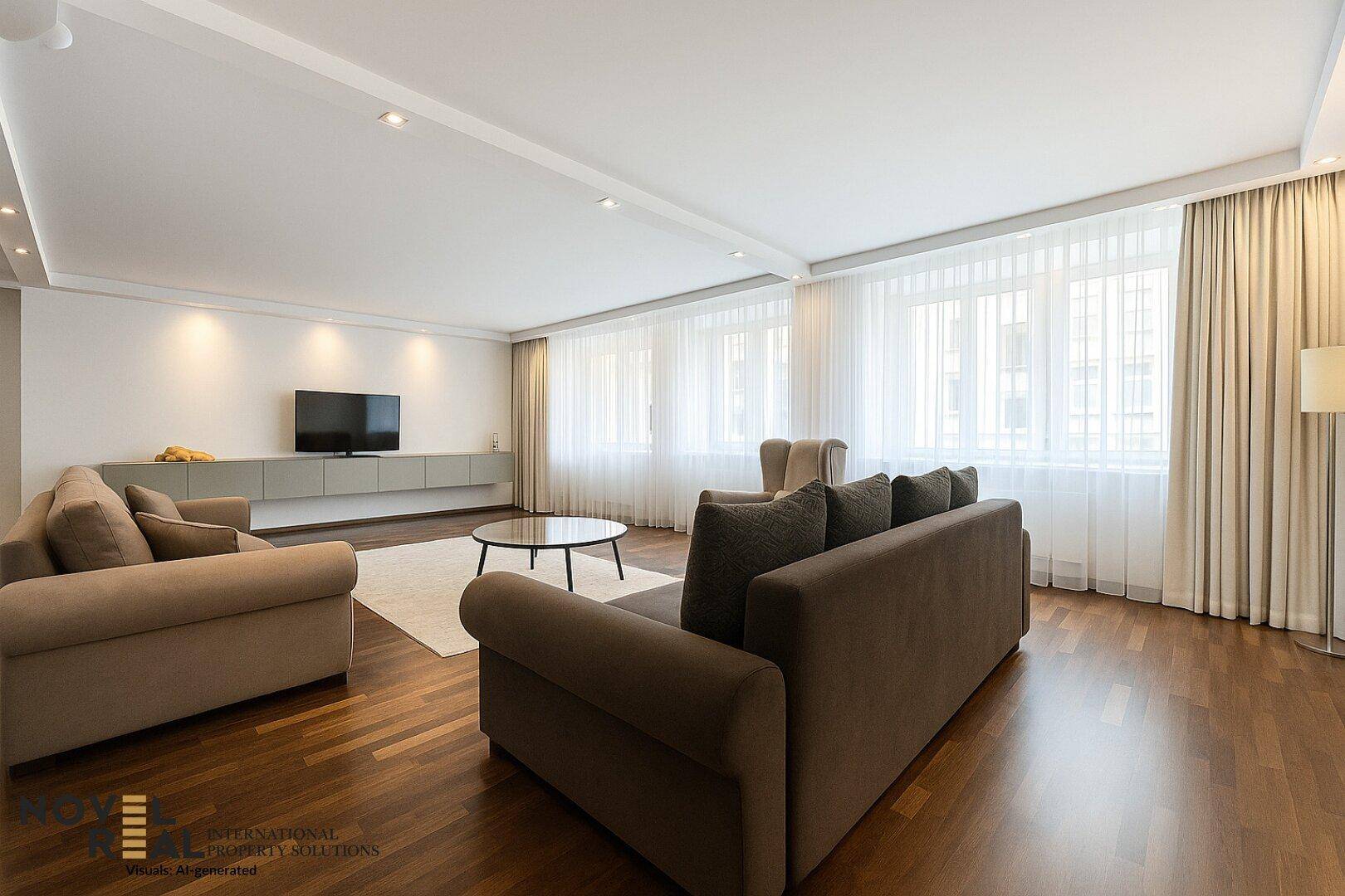 Elegantes Wohnzimmer mit bequemen Sofas, Fernseher und großen Fenstern mit Vorhängen.