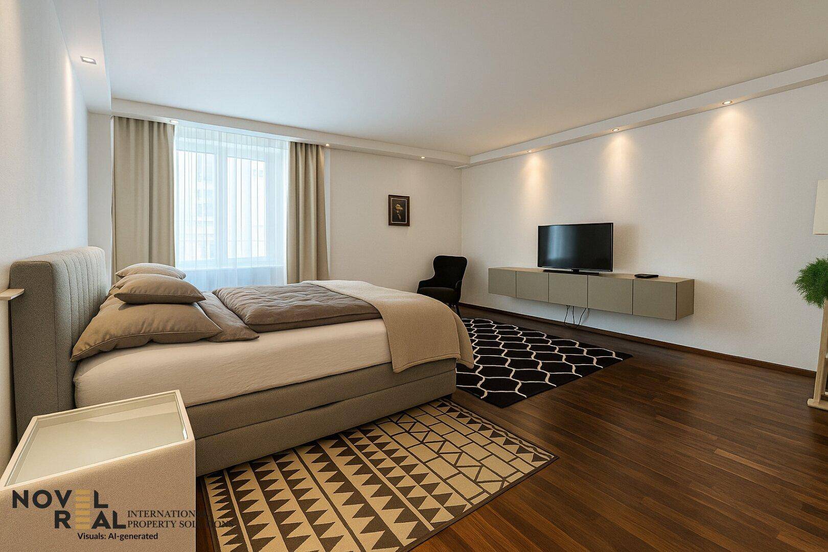 Elegantes Schlafzimmer mit großem Bett, Holzboden und einem Fernseher an der Wand.