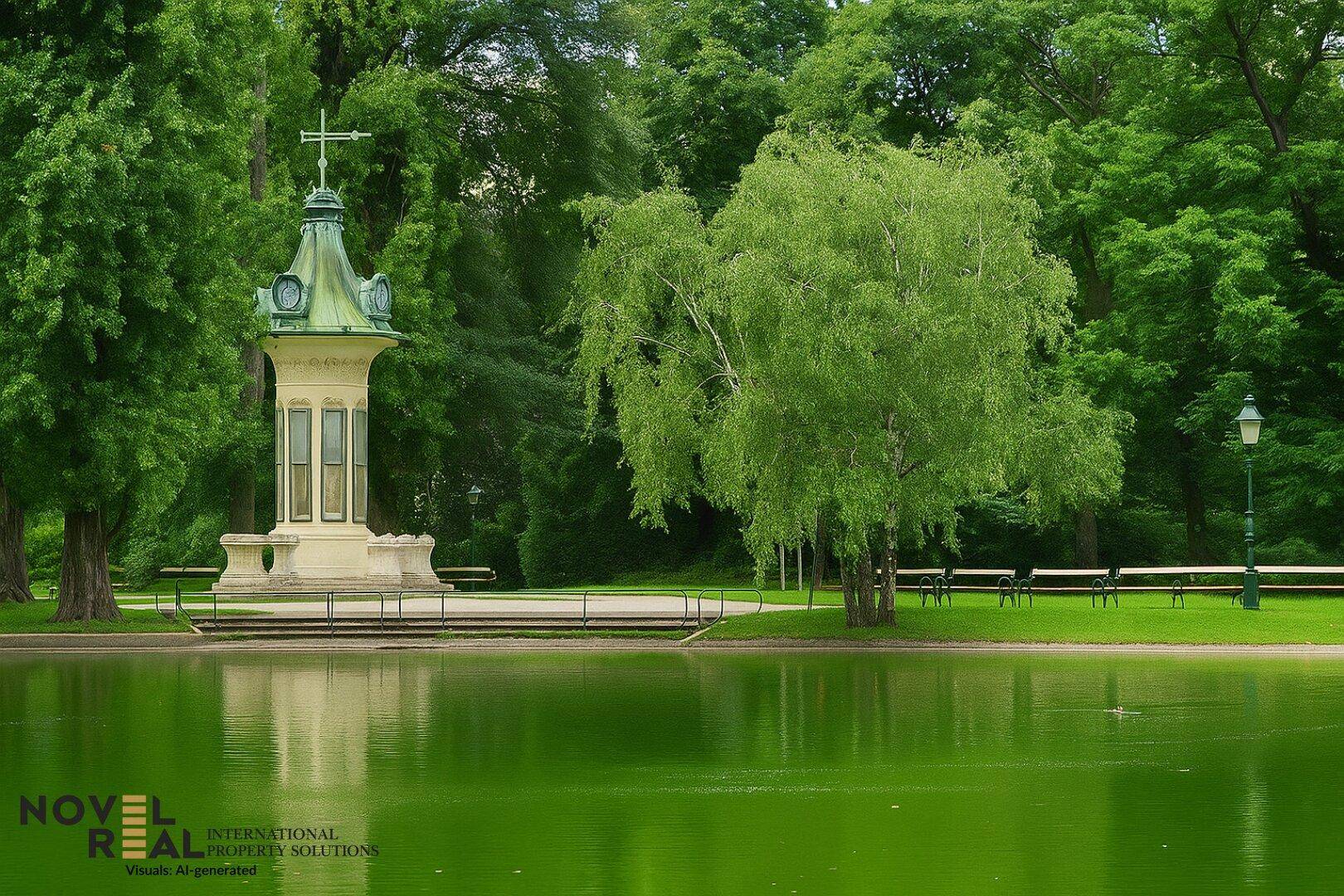 Malerischer Park mit einem Teich, üppigem Grün und einem historischen Pavillon.