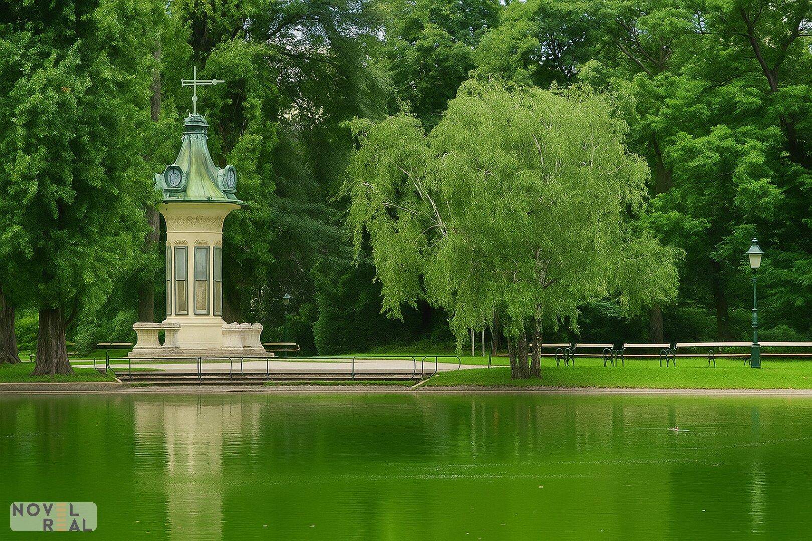 Malerischer Park mit grünem Teich, alten Bäumen und einem historischen Pavillon.