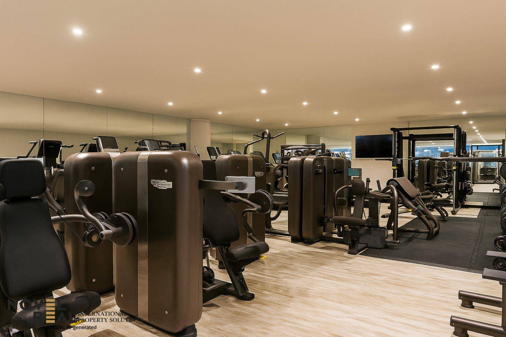 Gut ausgestatteter Fitnessraum mit verschiedenen Trainingsgeräten und Spiegelwänden.