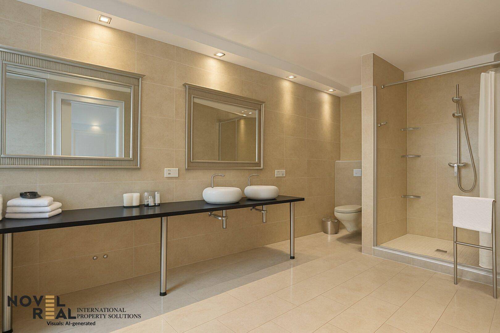 Großes, modernes Badezimmer mit doppelten Waschbecken, Dusche und beigefarbenen Fliesen.