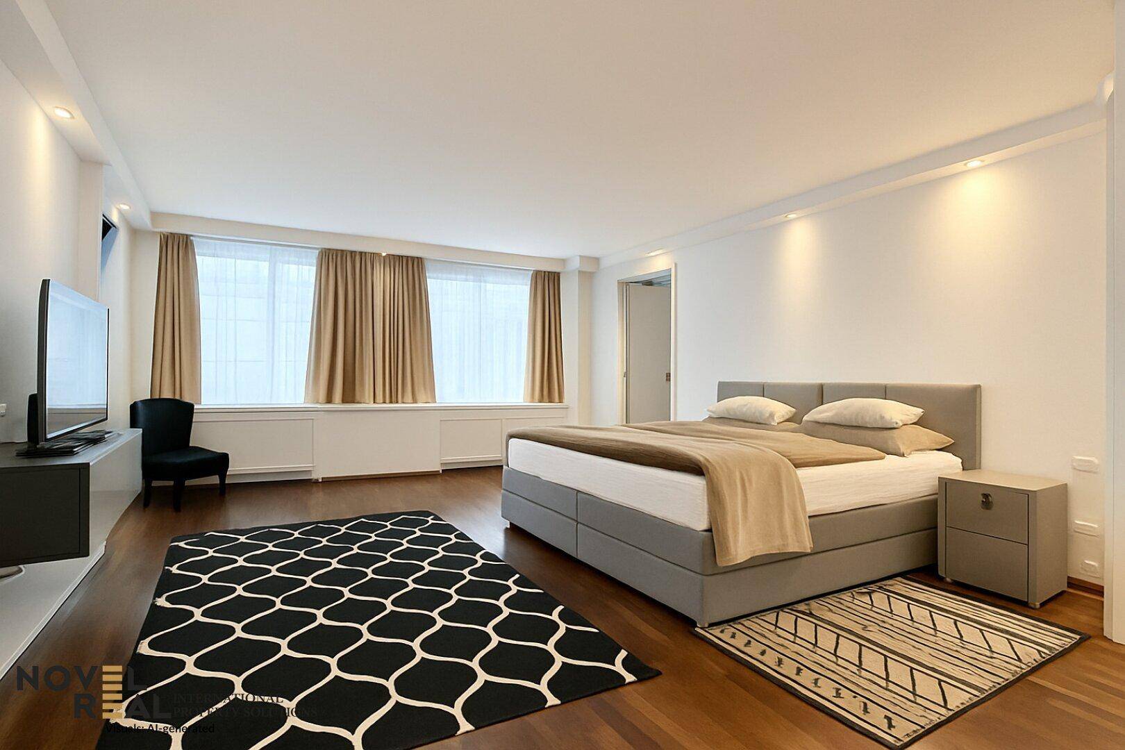 Geräumiges Schlafzimmer mit Doppelbett, Holzboden und großen Fenstern mit Vorhängen.