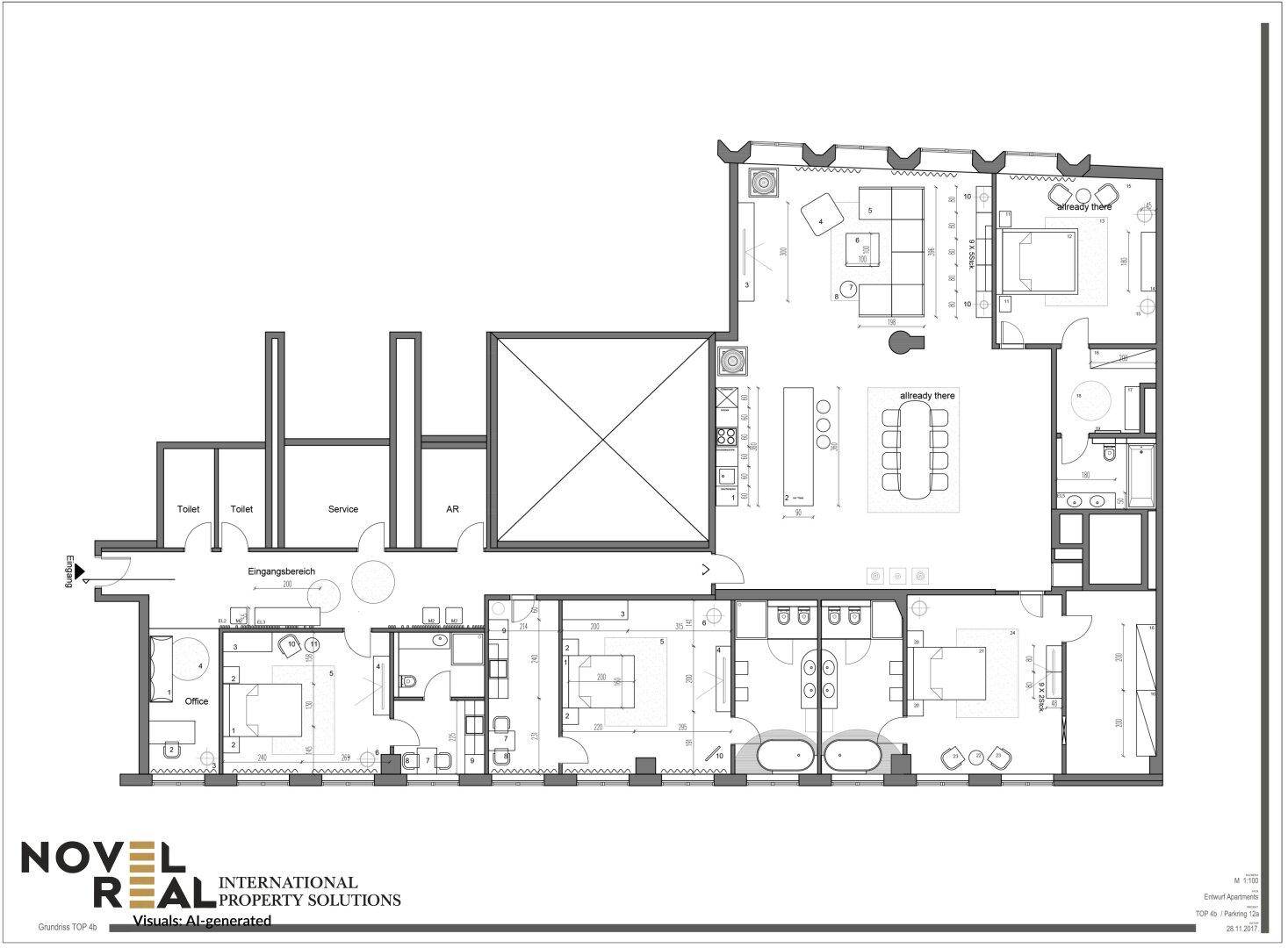 Detaillierter Grundriss einer Wohnung mit mehreren Zimmern und Bädern.