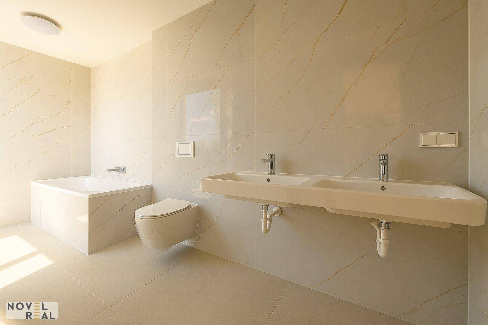 Elegantes Badezimmer mit Doppelwaschbecken, Badewanne und großformatigen Marmorfliesen.