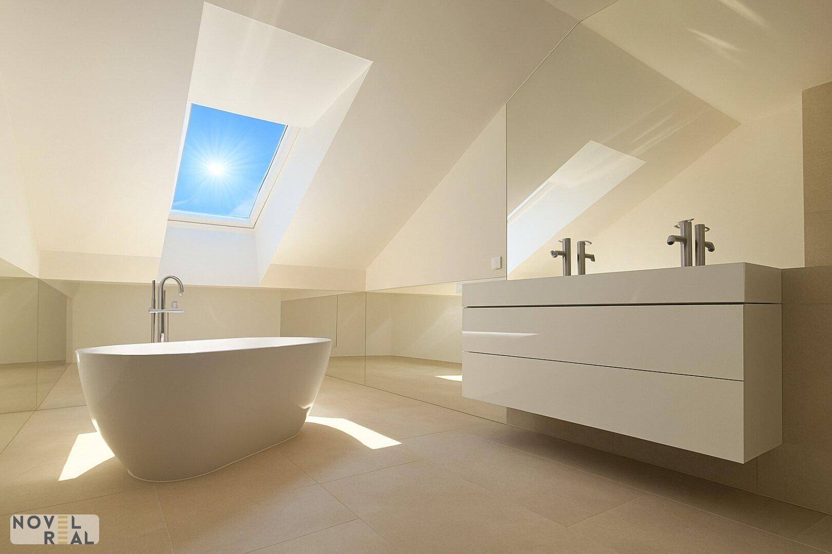 Modernes Badezimmer mit freistehender Badewanne, Doppelwaschbecken und Dachfenster für viel Licht.