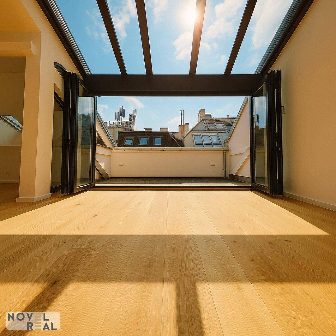 Heller Wohnbereich mit Holzboden und Zugang zu einer Dachterrasse unter einem Glasdach.