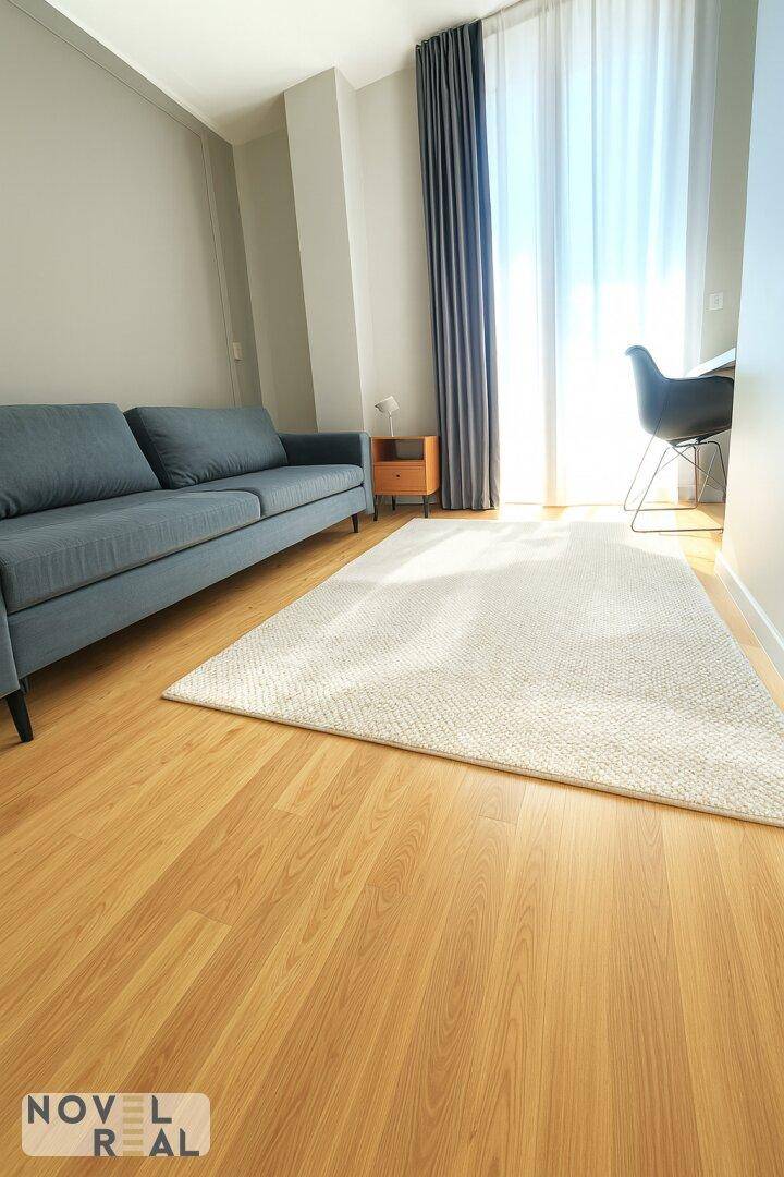Helles Wohnzimmer mit grauem Sofa, Teppich und großem Fenster für viel Tageslicht.