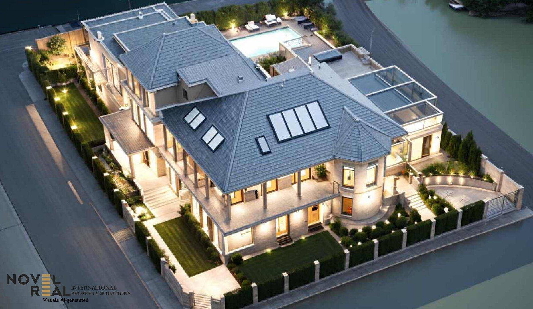 Beeindruckende Luftaufnahme der luxuriösen Villa bei Dämmerung mit Pool, Dachterrassen und weitläufigem Grundstück.