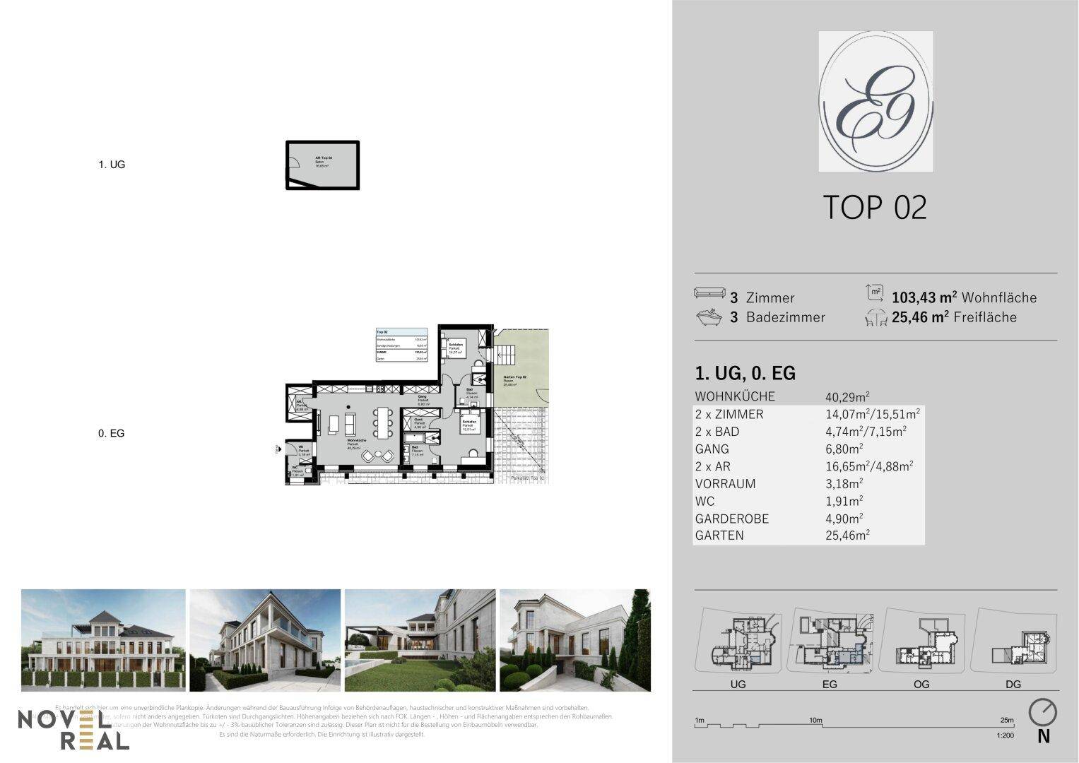 Detaillierter Grundriss von Top 02 mit Wohnküche, Bädern und Gartenfläche.
