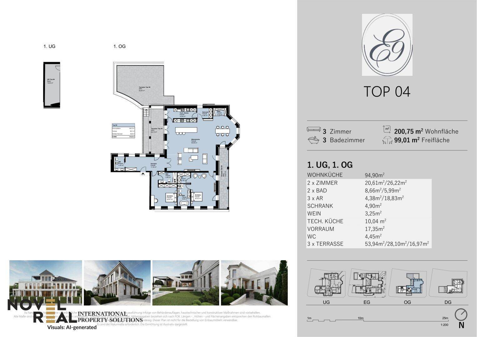 Detaillierter Grundriss für eine Maisonette-Wohnung mit mehreren Terrassen und Bädern.