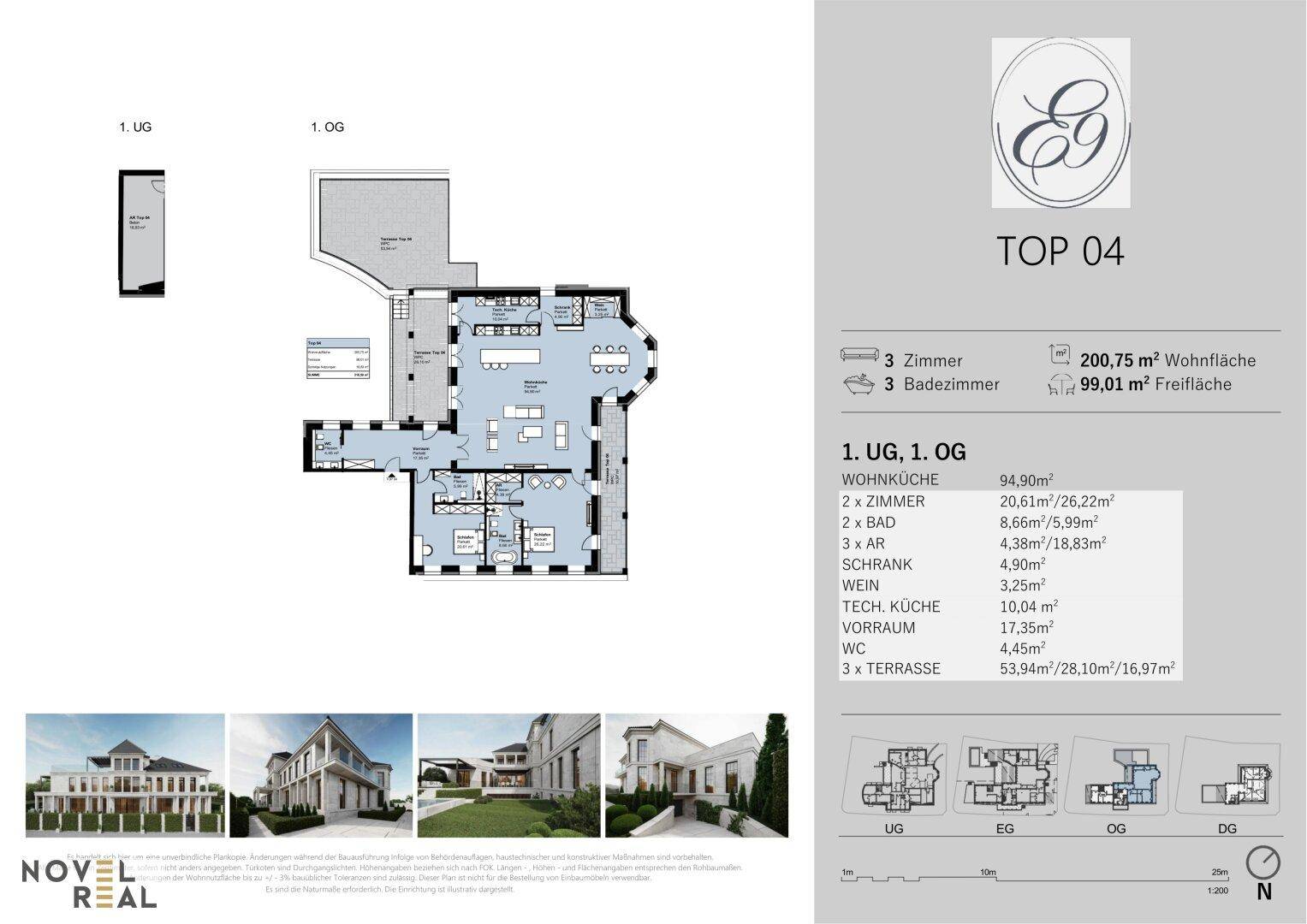 Detaillierter Grundriss einer Wohnung über zwei Etagen mit Terrassen und Kellerabteil.