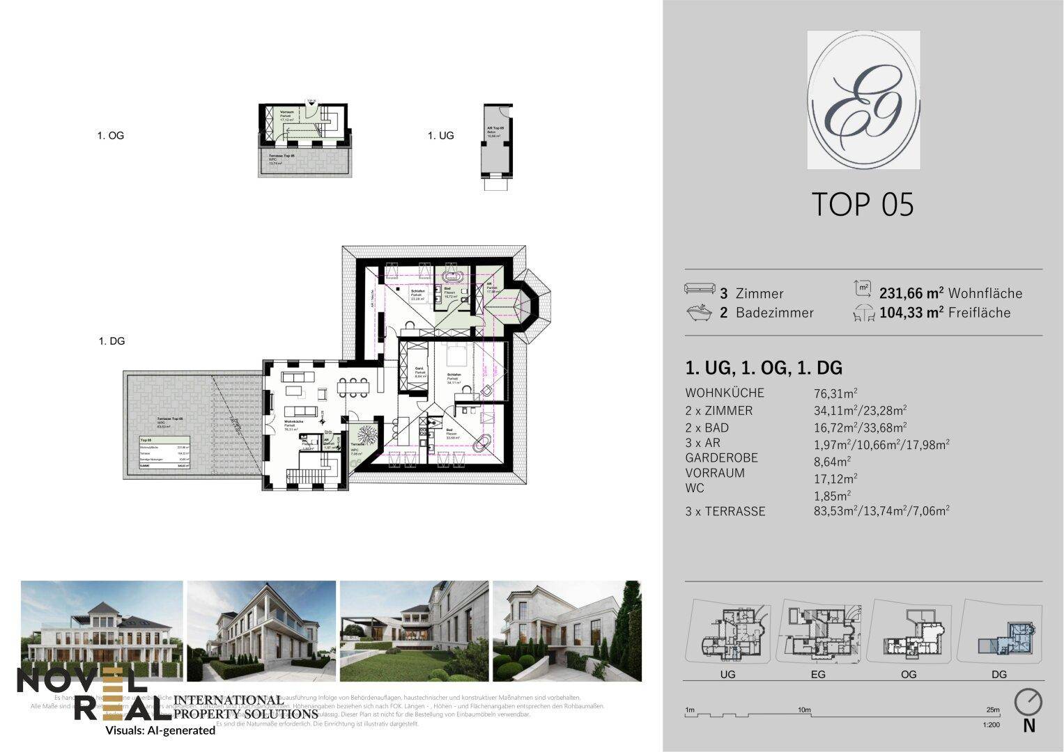 Detaillierter Grundriss einer Maisonette-Wohnung mit mehreren Terrassen und Wohnflächenangaben.