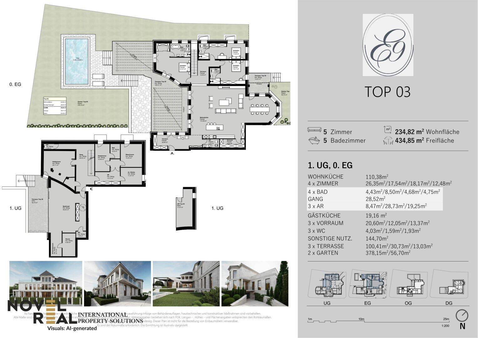 Detaillierter Grundriss mit mehreren Ebenen, Garten, Pool und großzügigen Wohnbereichen für ein modernes Zuhause.