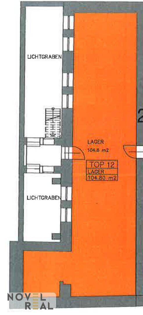 Grundrissplan eines Lagerbereichs im Untergeschoss mit Lichtgräben und Treppenhaus.