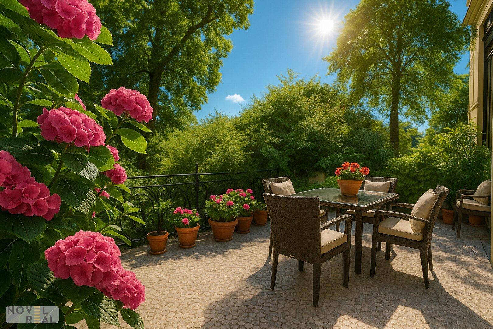 Idyllische Terrasse mit blühenden Hortensien und Gartenmöbeln, umgeben von viel Grün und Sonnenschein.