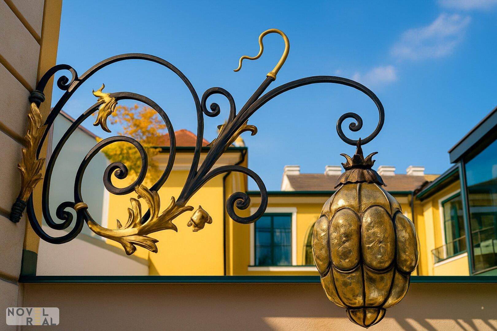 Detailaufnahme einer kunstvollen schmiedeeisernen Laterne an der Fassade eines historischen Gebäudes.