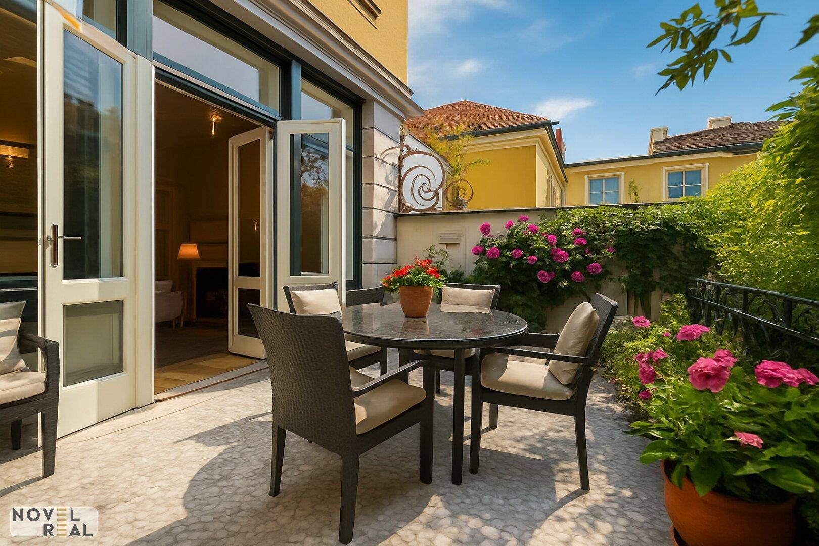 Gemütliche Terrasse mit Gartenmöbeln und blühenden Pflanzen, ideal für entspannte Stunden im Freien.