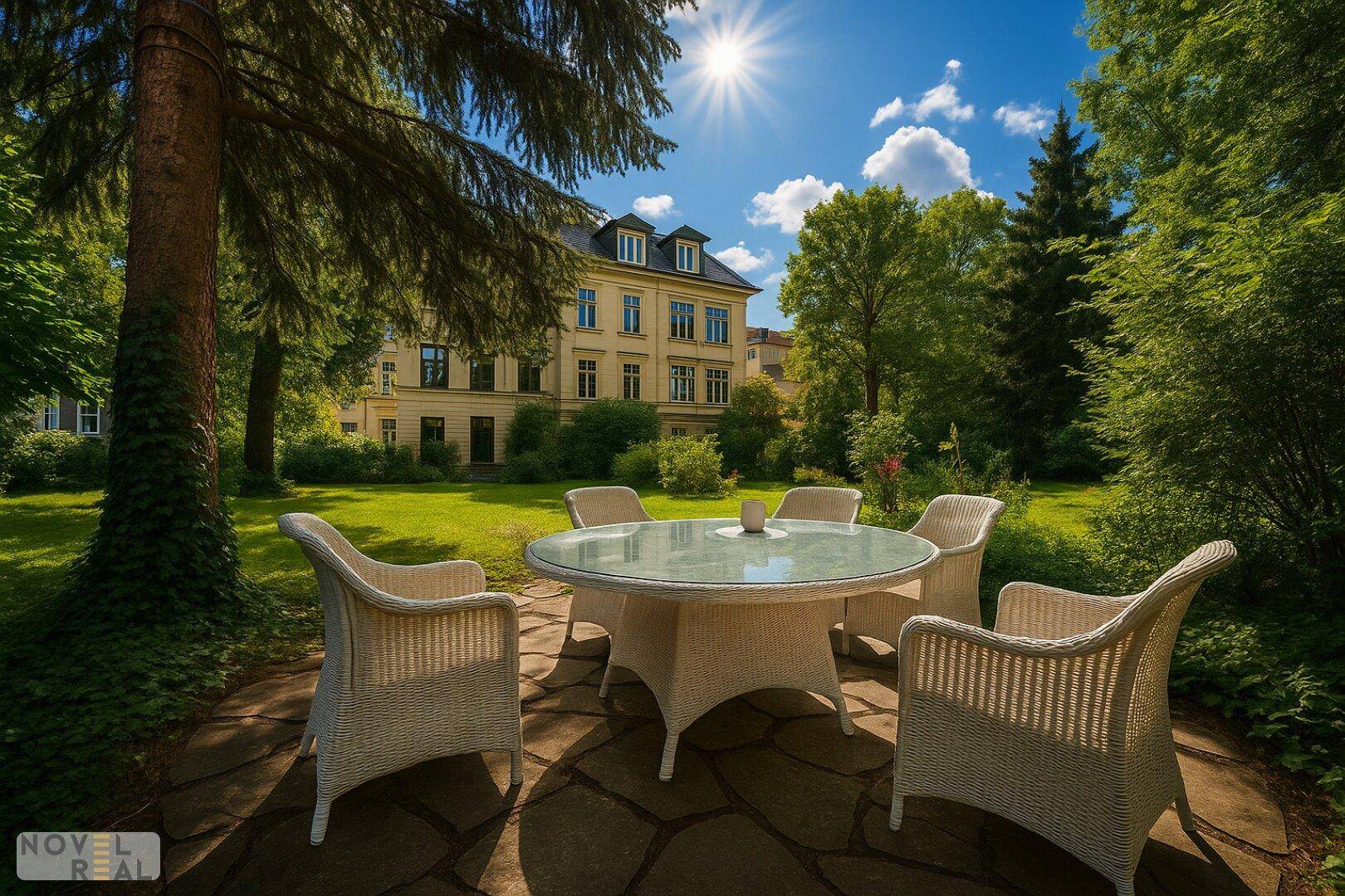 Sonnige Terrasse mit Gartenmöbeln und Blick auf das historische Gebäude im Grünen.