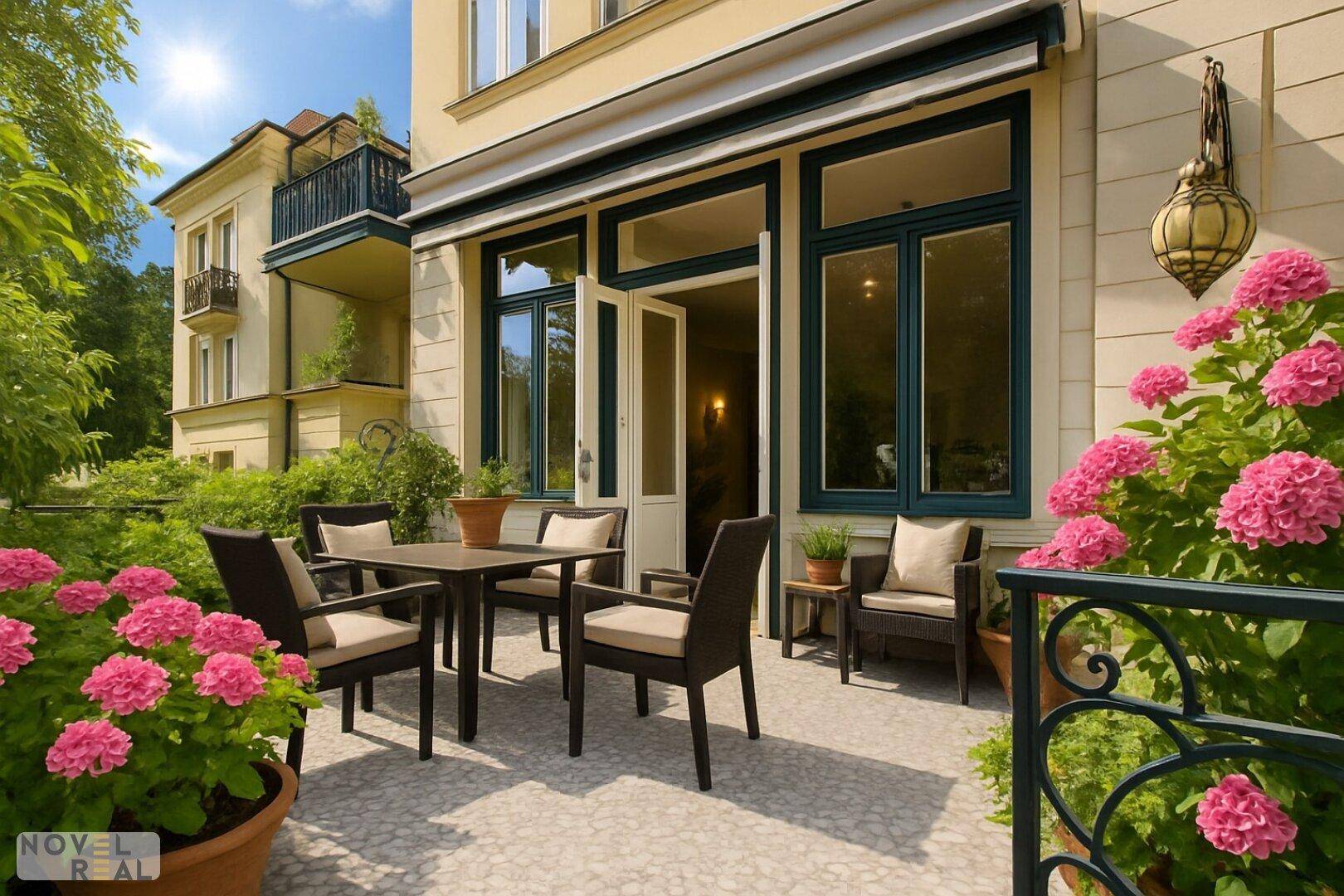 Charmante Terrasse mit Gartenmöbeln und blühenden Pflanzen, ideal für entspannte Stunden im Freien.