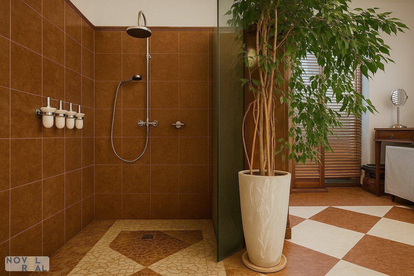 Geräumige Dusche mit braunen Fliesen und Regenduschkopf im eleganten Badezimmer.