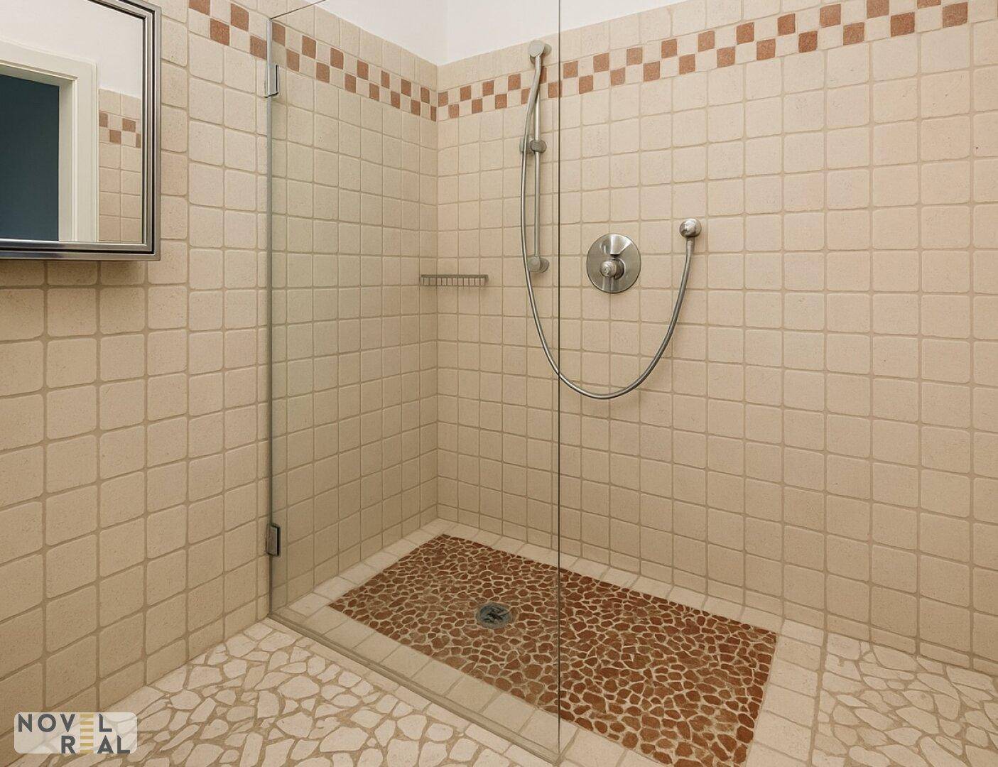 Moderne Duschkabine mit hellen Fliesen und Mosaikboden im Badezimmer.