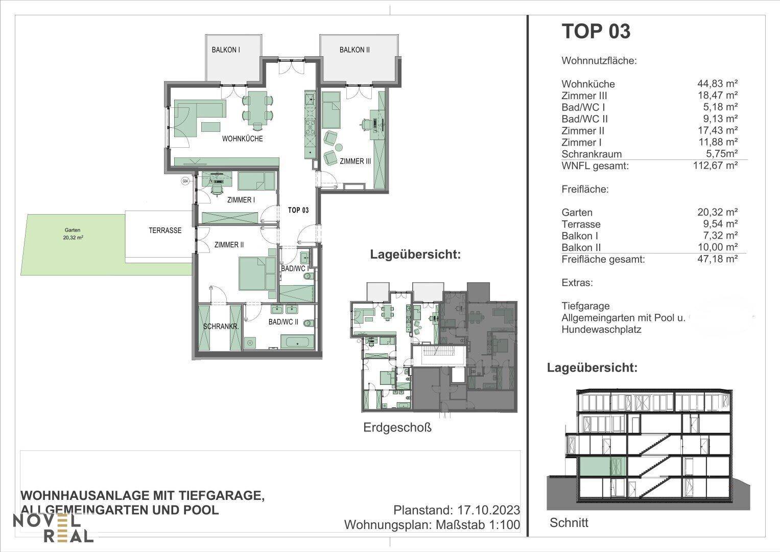 Grundriss der Einheit TOP 03 mit offener Wohnküche, drei Zimmern, zwei Bädern, Terrasse, Garten und zwei Balkonen.