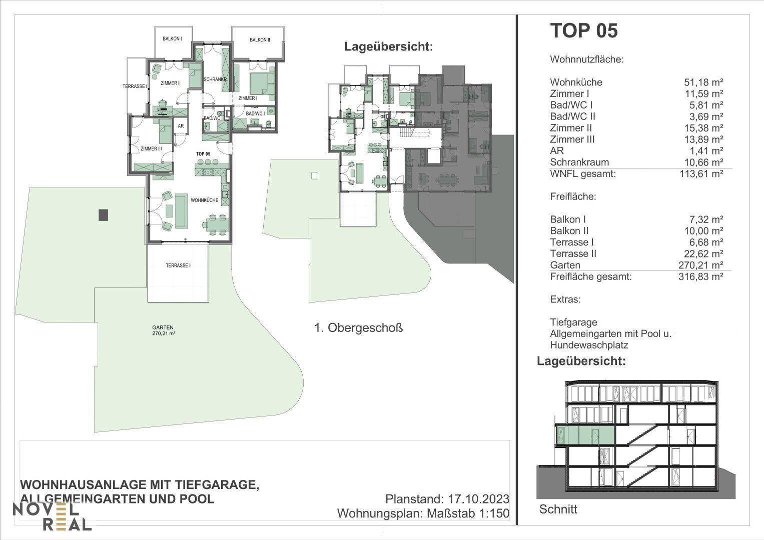 Detaillierter Grundriss einer modernen Wohnung mit offener Wohnküche, zwei Bädern, Balkonen, Terrassen und großem Garten. Die Anlage bietet zudem eine Tiefgarage und einen Pool.