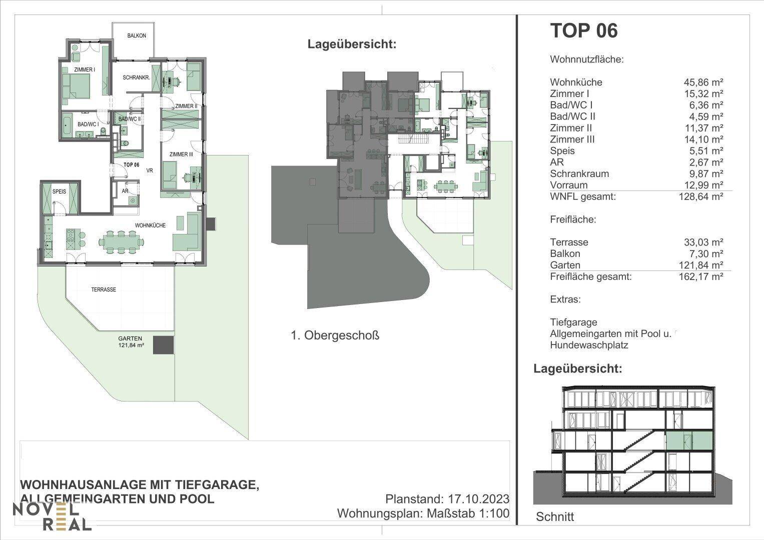 Grundriss der Wohnung TOP 06 mit offener Wohnküche, drei Schlafzimmern, zwei Bädern, Terrasse, Balkon und Garten. Tiefgarage und Gemeinschaftspool sind ebenfalls vorhanden.