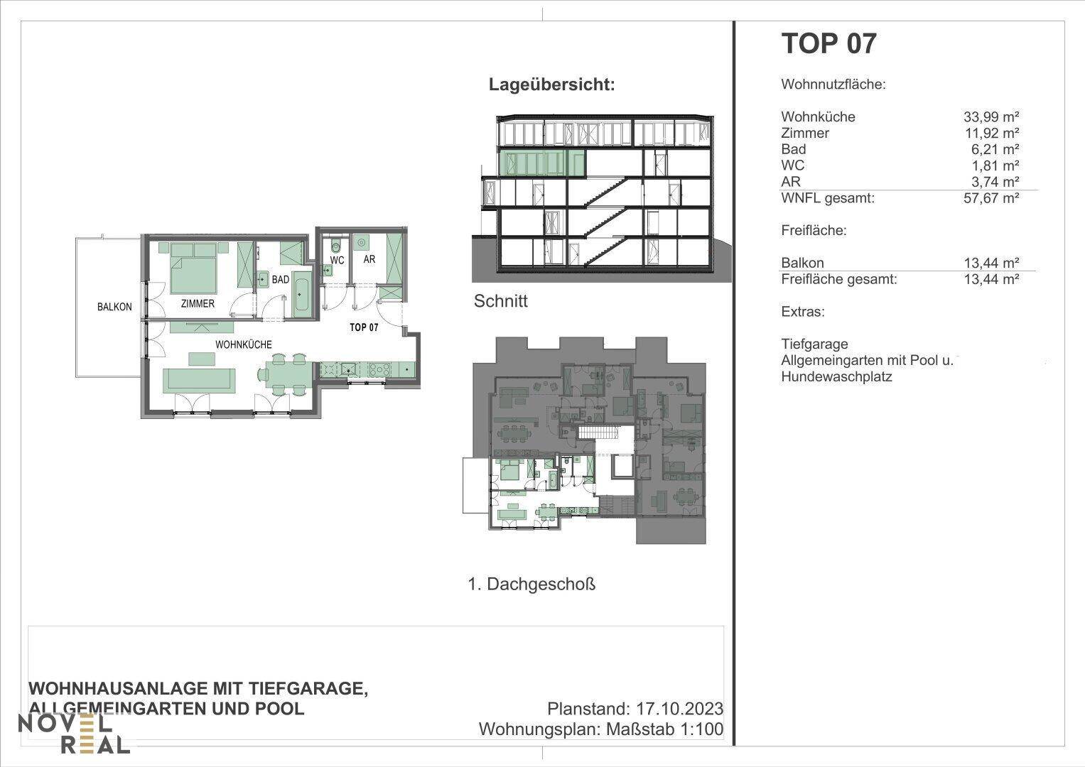 Grundrissplan einer Wohnung mit offener Wohnküche, Schlafzimmer, Bad, separatem WC und Balkon.