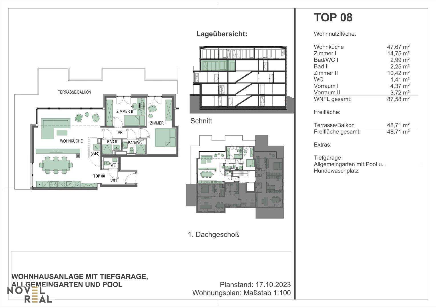 Grundriss einer Dachgeschosswohnung mit offener Wohnküche, zwei Schlafzimmern, zwei Bädern und großer Terrasse.