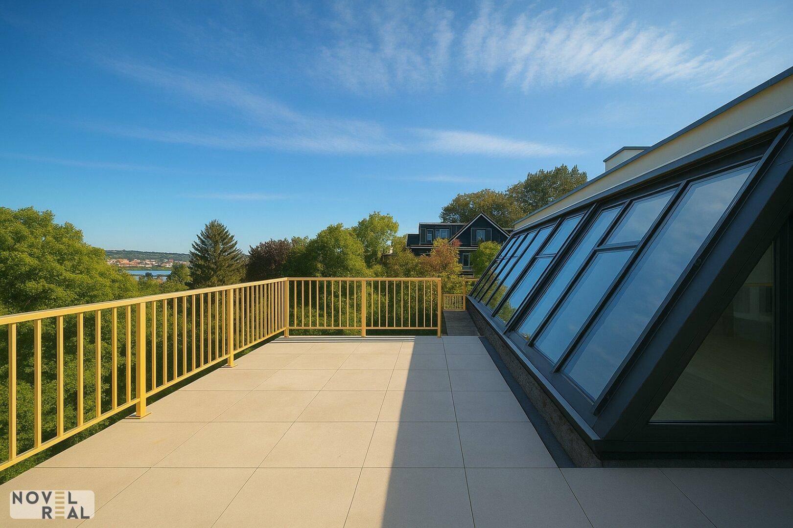 Geräumige Dachterrasse mit gelbem Geländer, modernen Fenstern und weitem Blick ins Grüne.