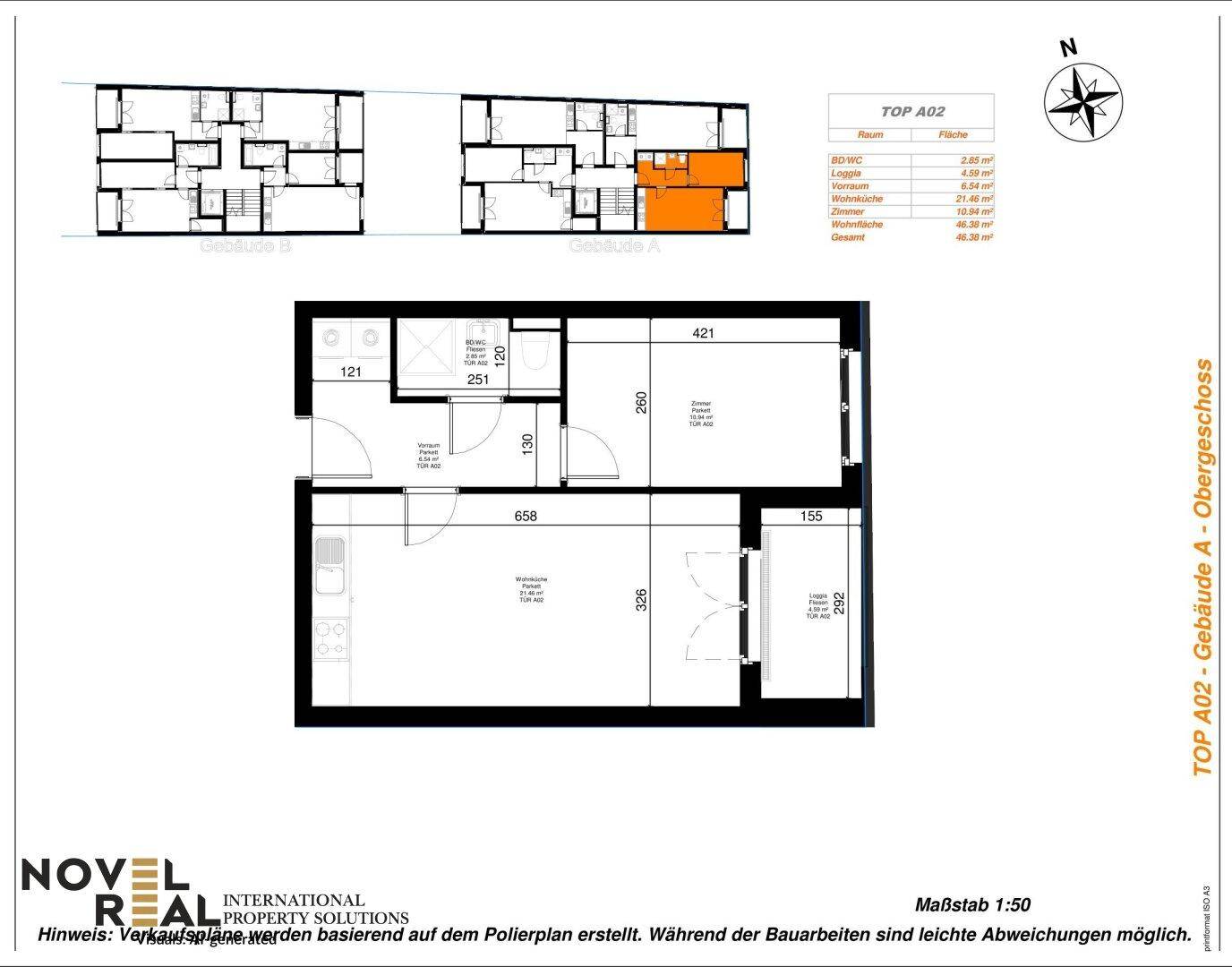 Grundrissplan einer Wohnung im Obergeschoss mit klarer Raumaufteilung und Loggia.