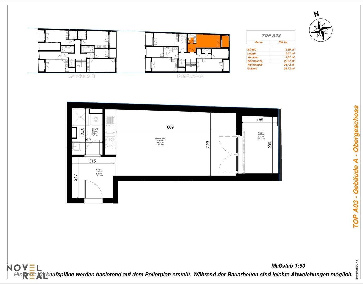 Detaillierter Grundriss des Obergeschosses mit Raumaufteilung und Maßen.