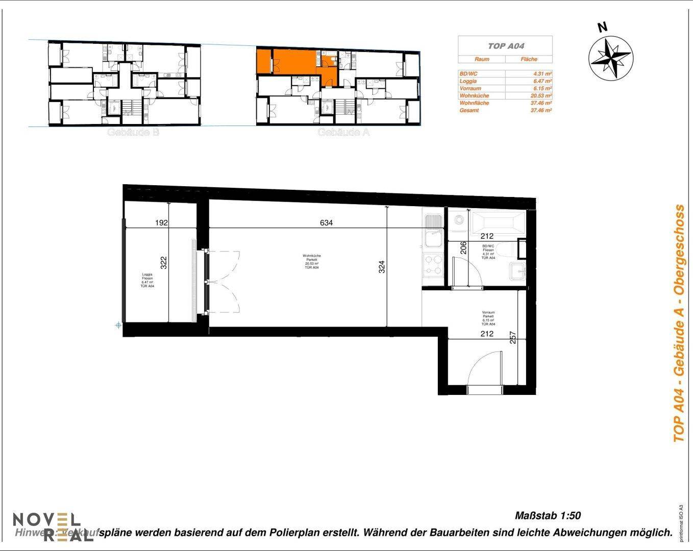 Grundriss des Obergeschosses (TOP A04) mit Raumaufteilung und Flächenangaben.