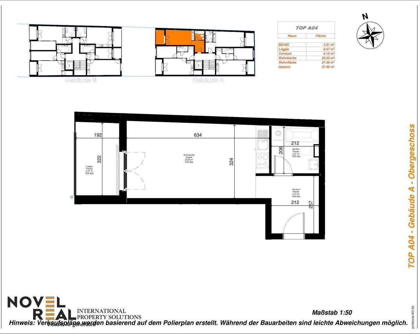Grundriss für die Wohnung TOP A04 im Obergeschoss mit Raumaufteilung und Maßen.
