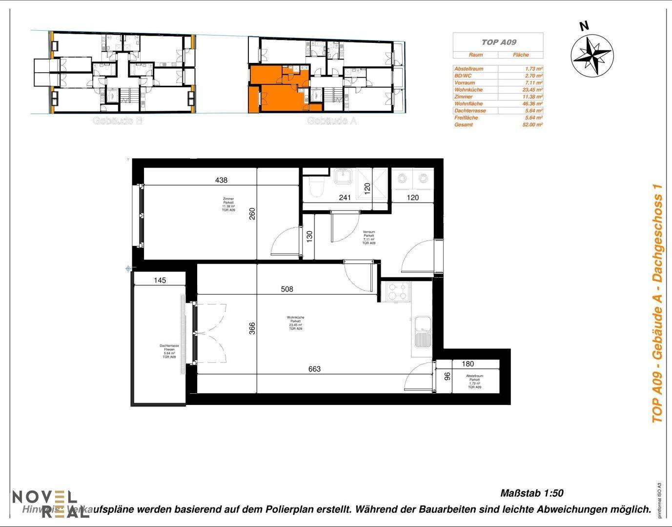 Grundriss der Wohnung TOP A09 im Dachgeschoss, zeigt offene Raumaufteilung und Balkon.