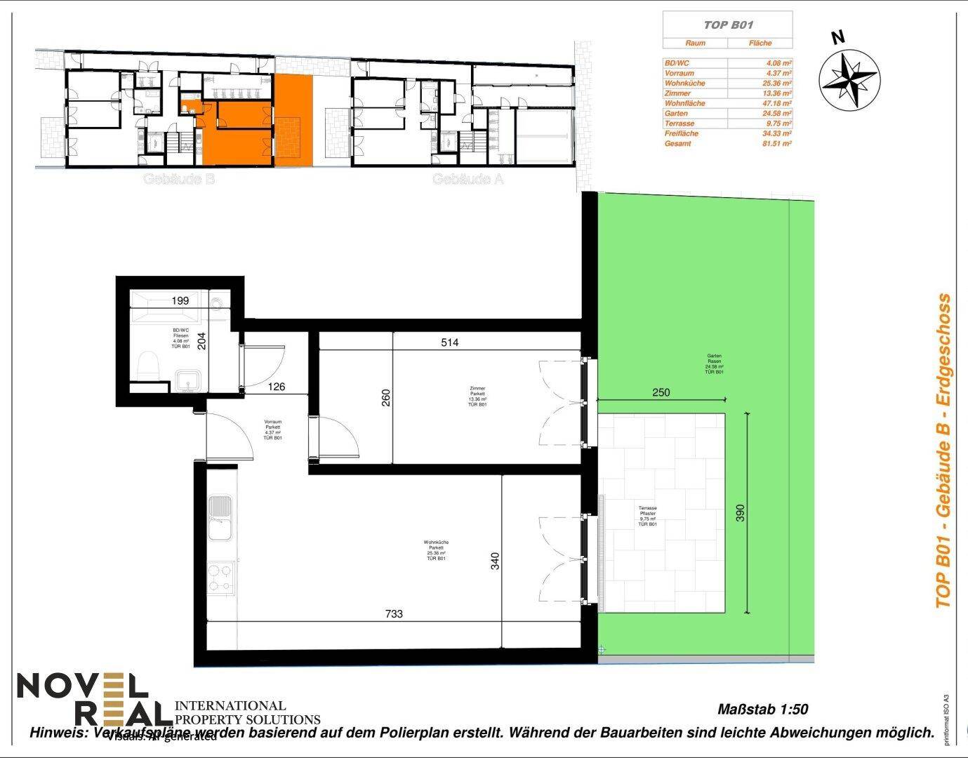 Detaillierter Grundriss einer Wohnung mit Terrasse und Gartenanteil im Erdgeschoss.